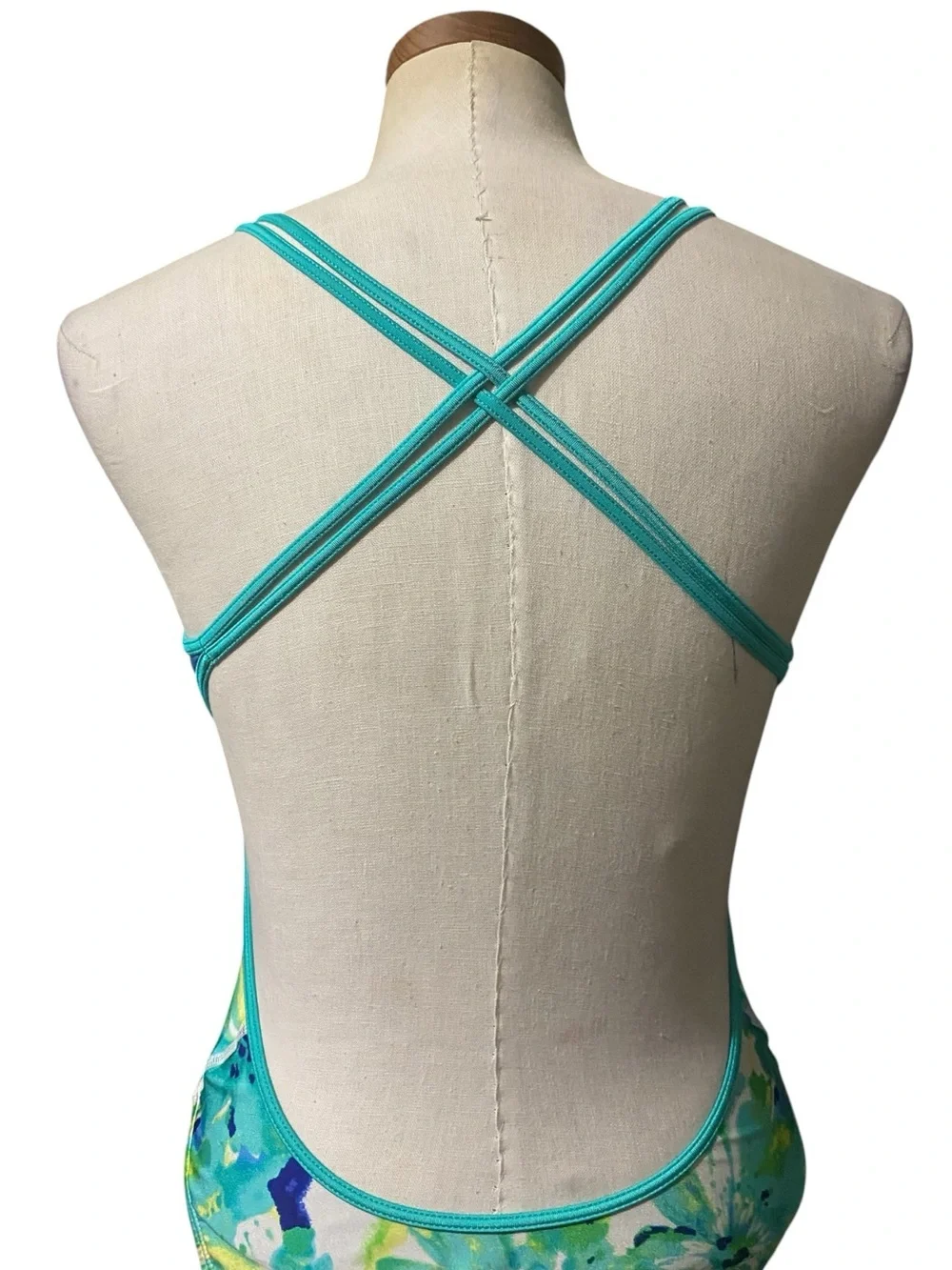 Nike Blue Green Floral Print Crossback One Piece Swimsuit 12 Athletic Sporty